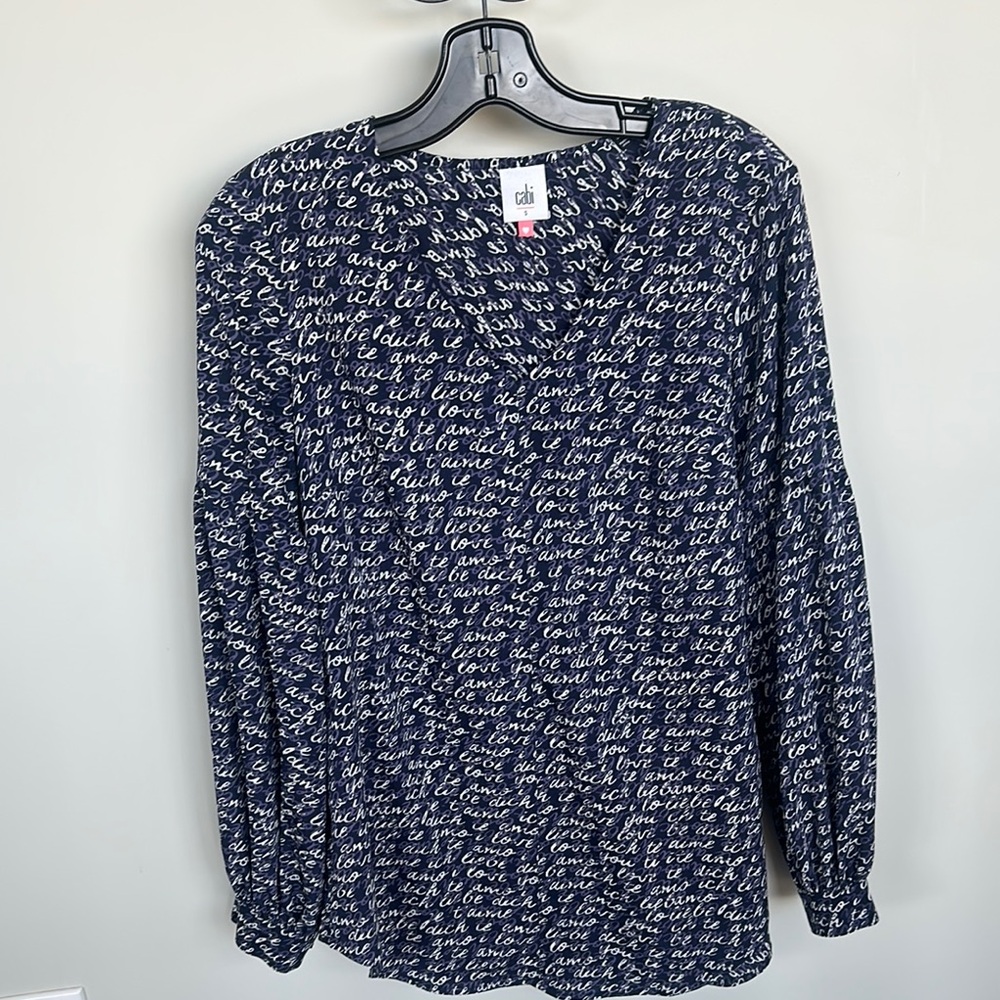 CAbi Navy Blue Script Print Women's Top
